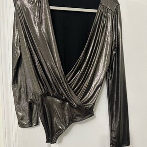 Express Metallic Wrap-Front Long-Sleeve Bodysuit - Silver
